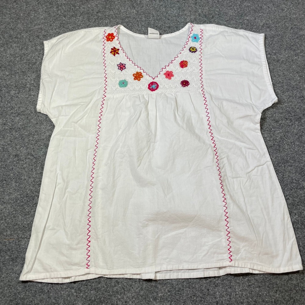 Abrazo Style Peasant Blouse Size Large White Embroidered Floral Cotton Boho Top